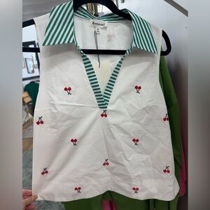 NWT &merci White and Green Cherry Embroidered Women's Top